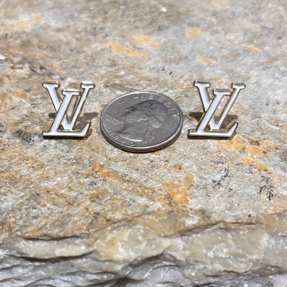 Gold-& White Enamel LV Logo Stud Earrings - Picture 4 of 4